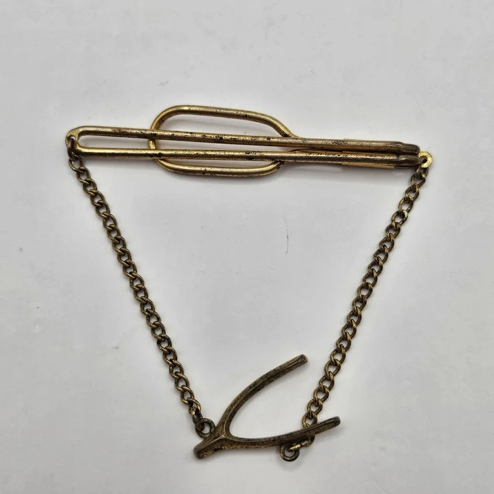 Vintage Swank Lucky Wishbone Tie Chain Bar Clasp Gold Tone Retro Mens Accessory